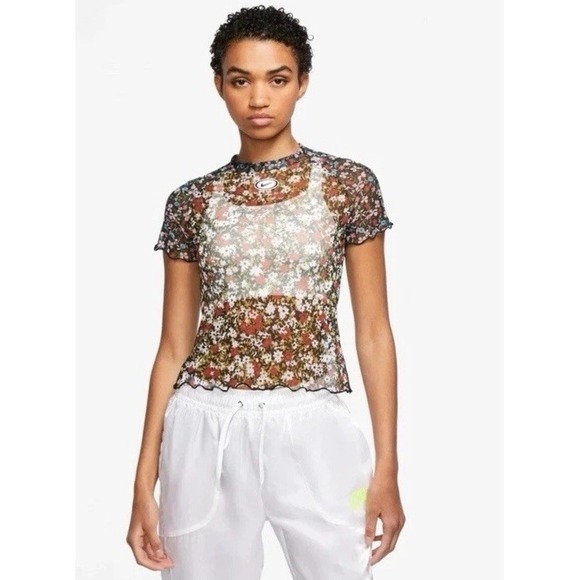 Nike Tops - Nike Mesh Floral Sheer Top Women's Small Y2K Vintage Style Short Sleeve Stretch